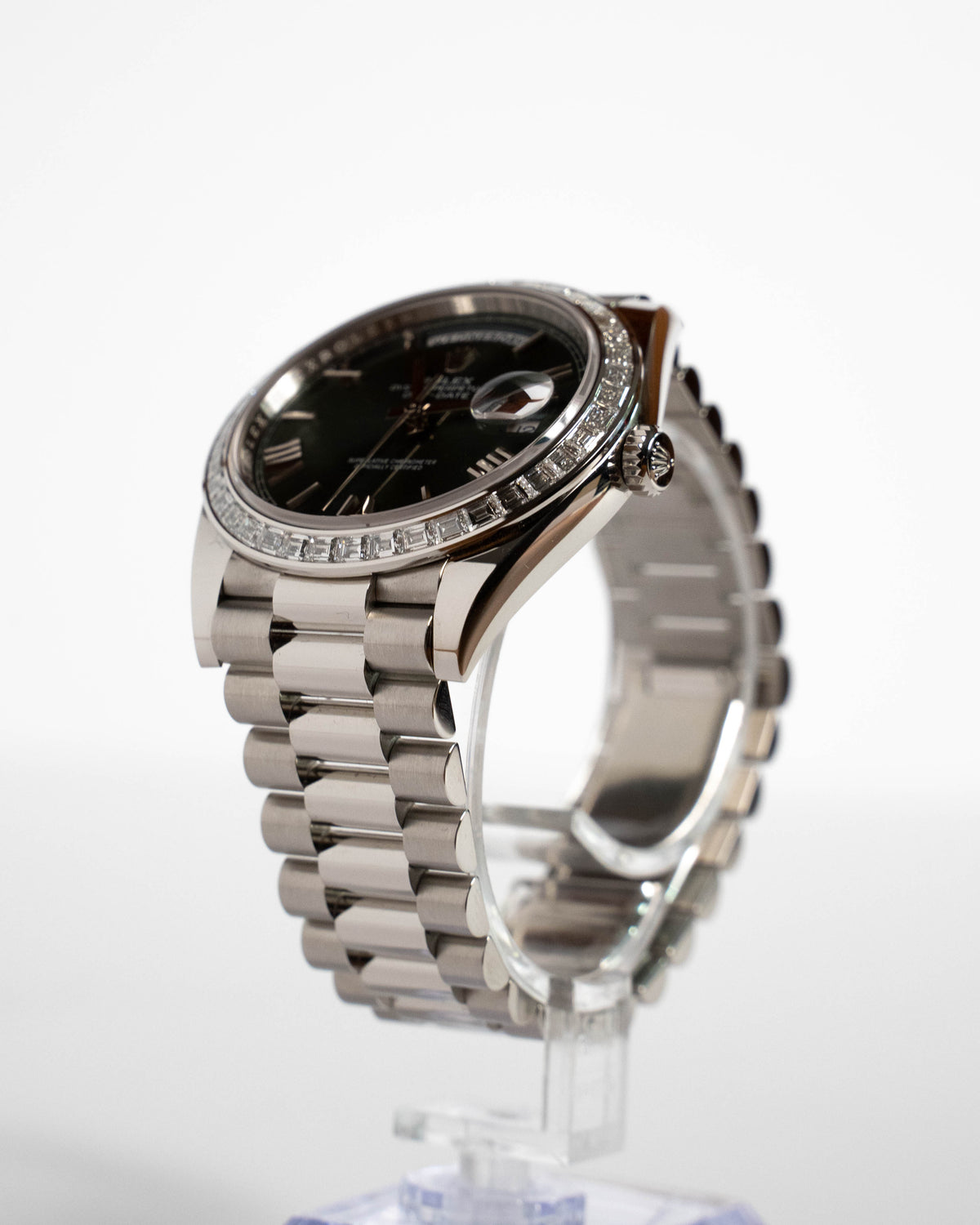 Rolex Day-Date 40 Platinum 2022 Olive Green Dial Diamond Baguette Bezel 228396TBR