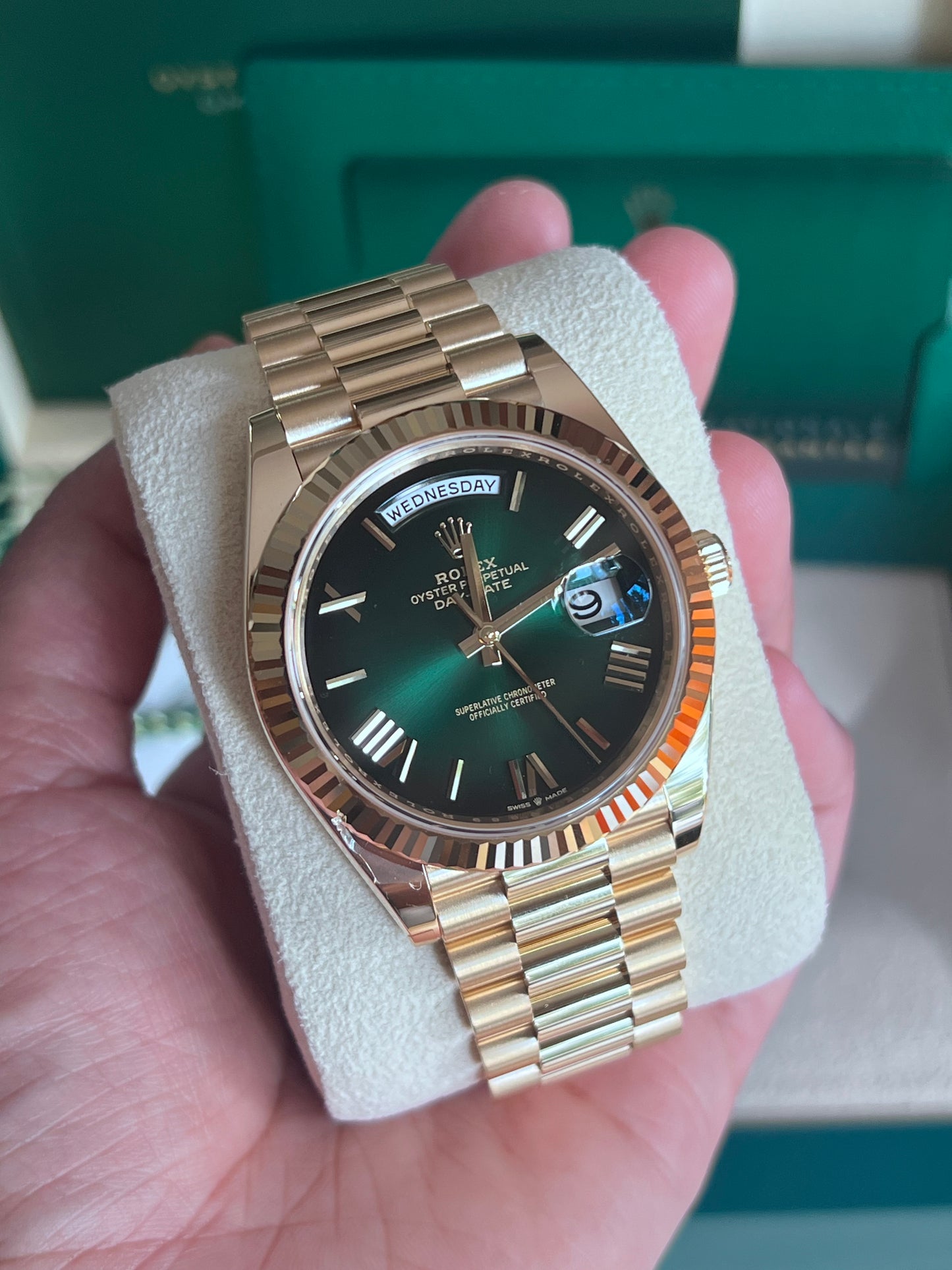 Rolex Day-Date 40, President, Yellow Gold, Green Ombré Dial, 2024, New Model, Full Set, ref: 228238