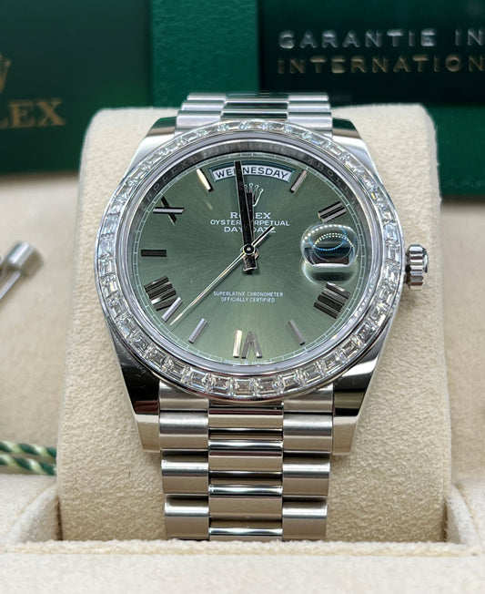 Rolex Day-Date 40 Platinum 2022 Olive Green Dial Diamond Baguette Bezel 228396TBR